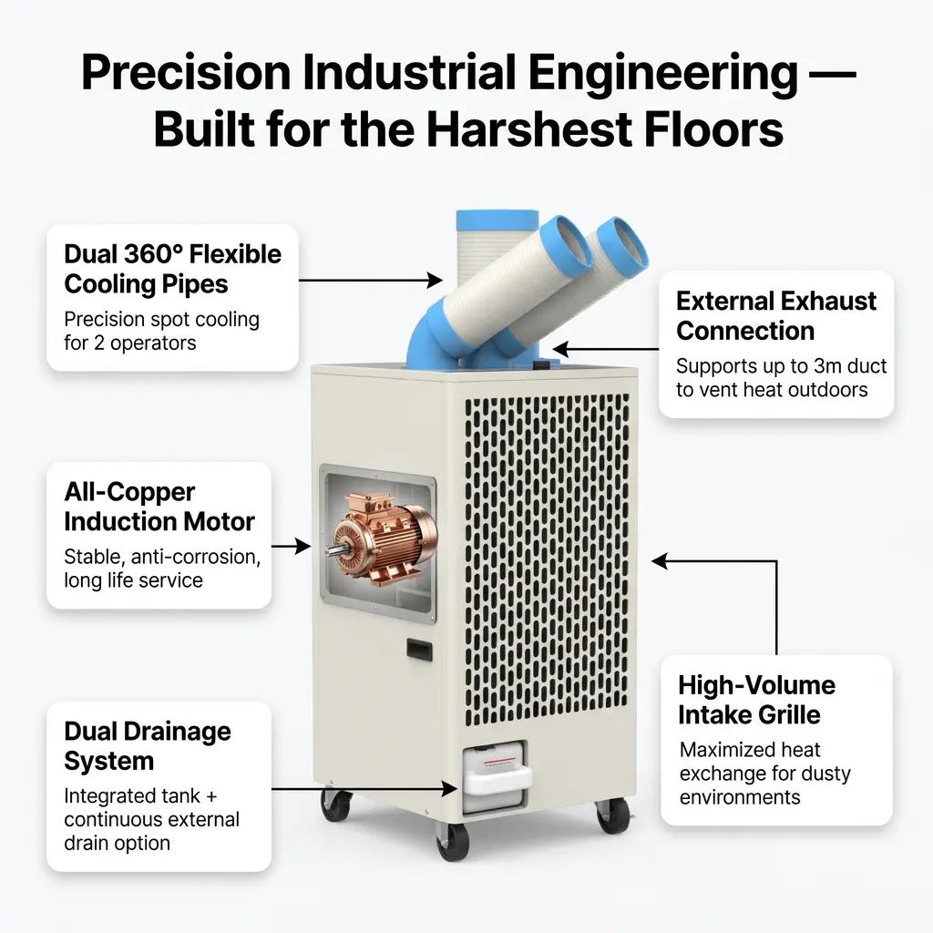 OEM White Metal Body 24 7 Dual Duct Cold Heat Isolation Portable Spot Cooler Industrial Air Conditioner for Workshop OEM White Metal Body 24 7 Dual Duct Cold Heat Isolation Portable Spot Cooler Industrial Air Conditioner for Workshop