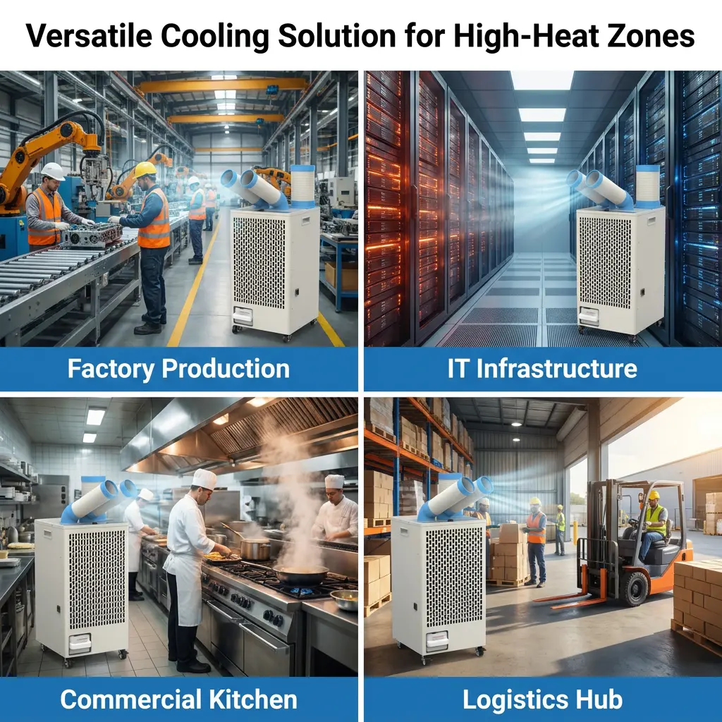 OEM White Metal Body 24 7 Dual Duct Cold Heat Isolation Portable Spot Cooler Industrial Air Conditioner for Workshop