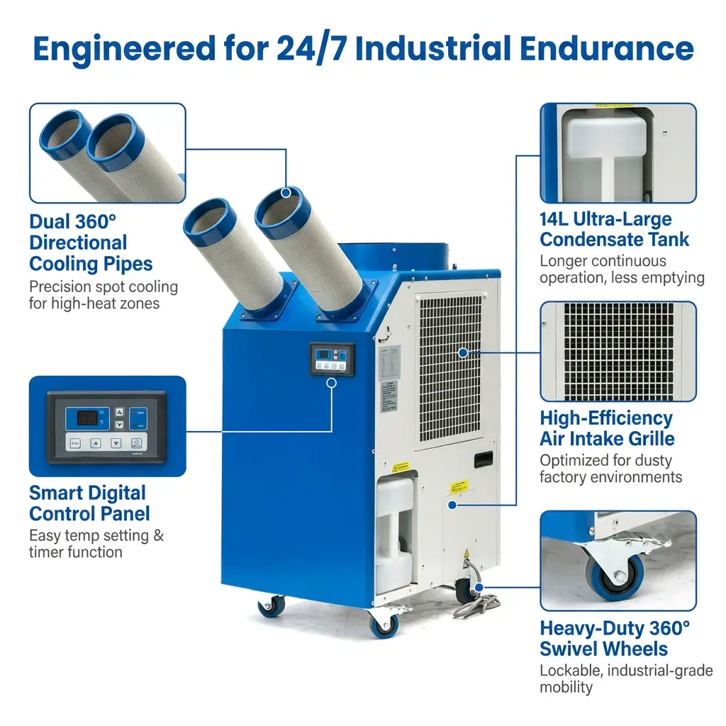 OEM 14L Large Tank 2700W Power 9300BTU Rotary Compressor Portable Spot Cooler Industrial Air Conditioner for Workshop