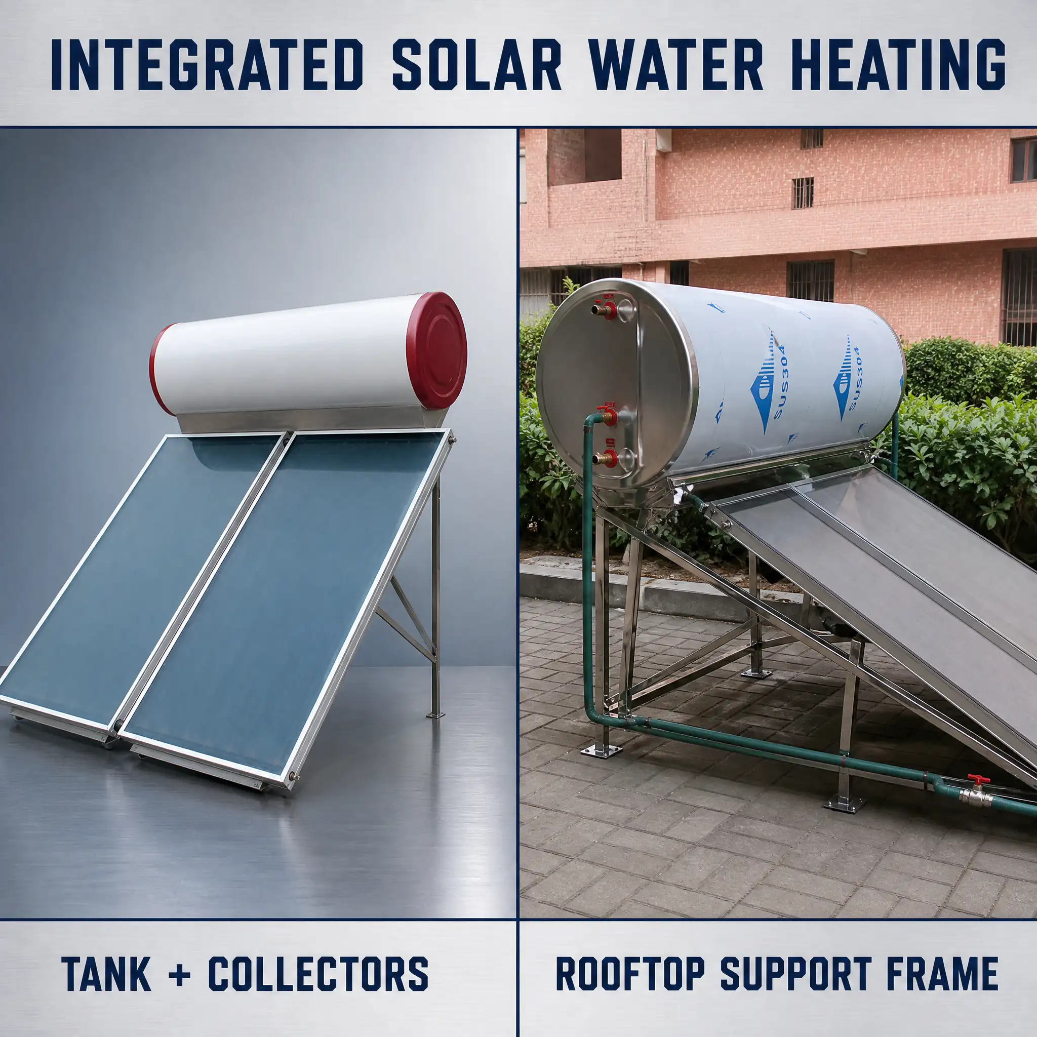 Direct Indirect Heating Forms With Metal Support Frame For Rooftop Project Installation Integrated Solar Hot Water Tank