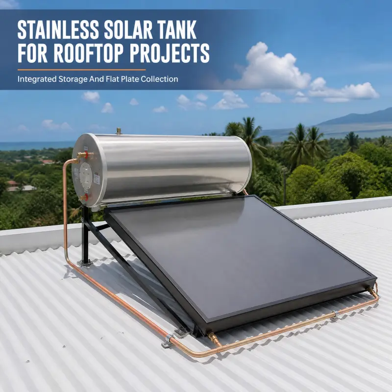 Rooftop Flat Plate Collector System With Horizontal Cylinder For Commercial Use Stainless Steel Solar Hot Water Tank