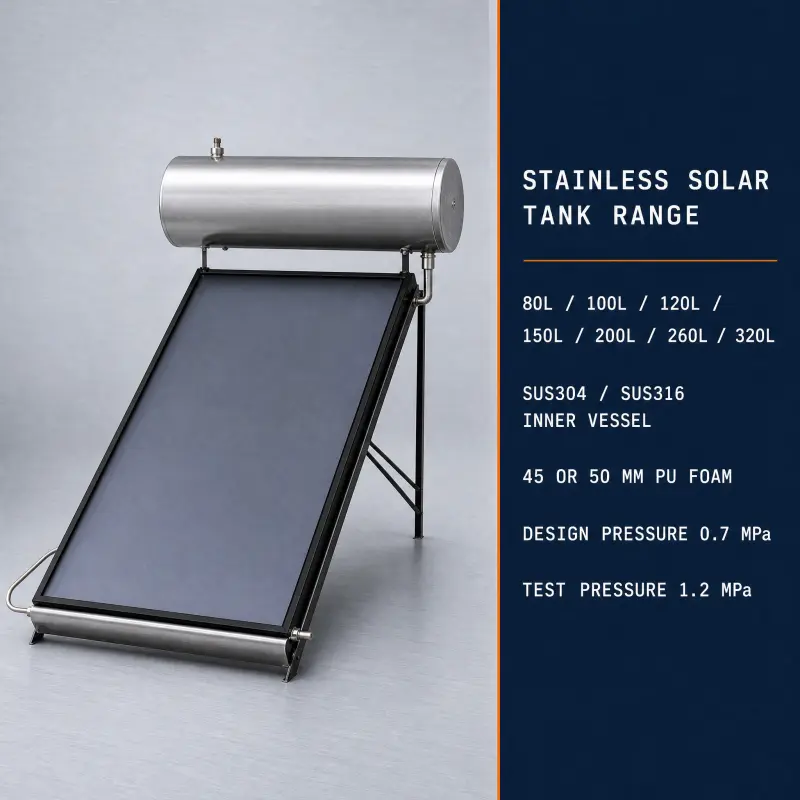 Rooftop Flat Plate Collector System With Horizontal Cylinder For Commercial Use Stainless Steel Solar Hot Water Tank