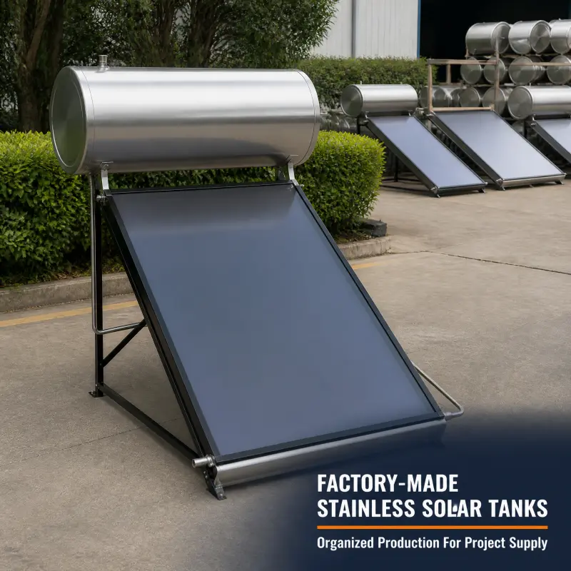 Rooftop Flat Plate Collector System With Horizontal Cylinder For Commercial Use Stainless Steel Solar Hot Water Tank